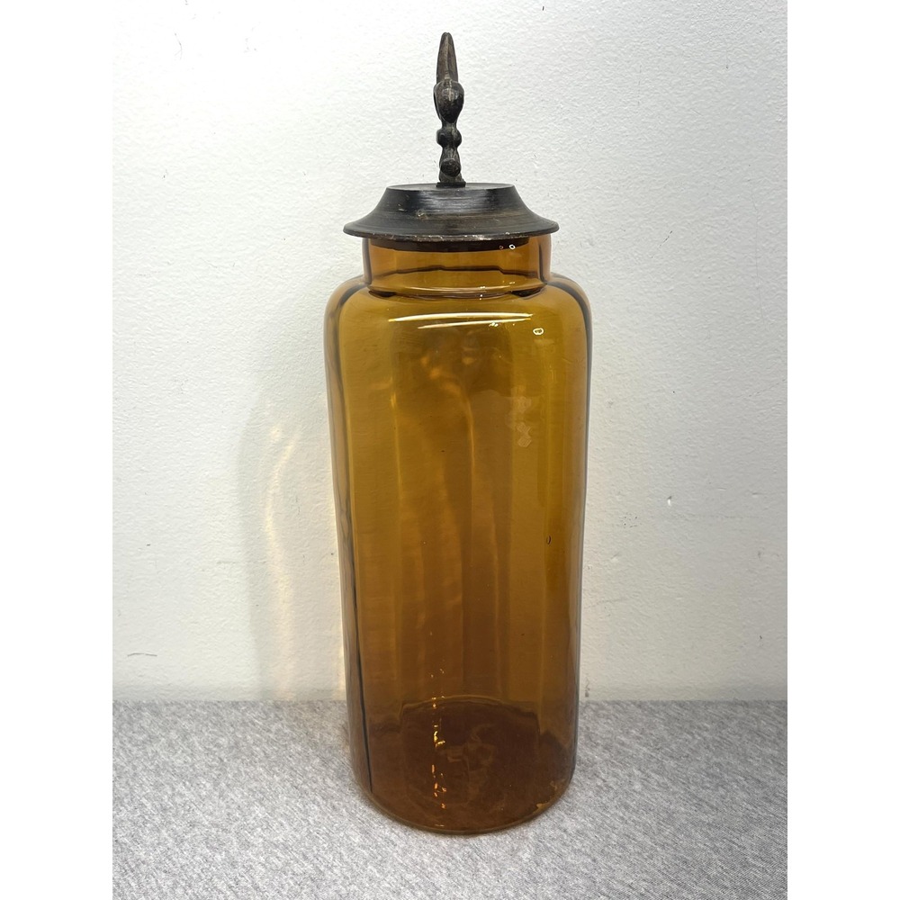 Amber Brown Glass Bottles Set 3 Fleur De Lis Lids Apothecary Canisters Unmarked - Picture 4 of 12